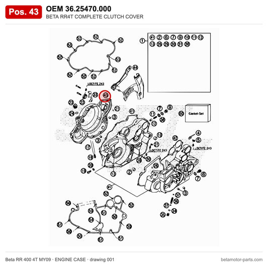 BETA RR4T COMPLETE CLUTCH COVER – OEM 36.25470.000, position 43 on the Beta RR 400 4T MY09 engine case drawing