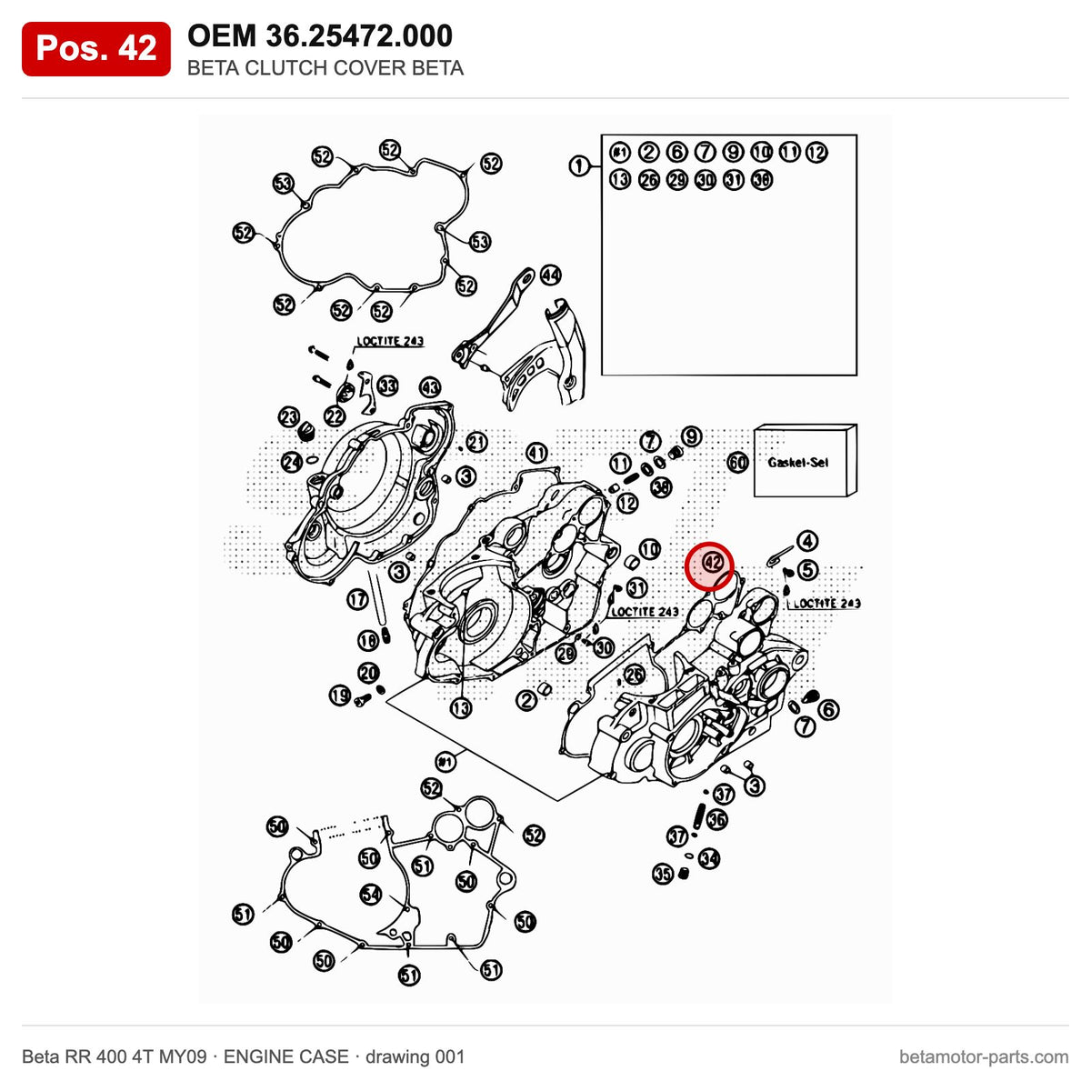 BETA CLUTCH COVER BETA – OEM 36.25472.000, position 42 on the Beta RR 400 4T MY09 engine case drawing