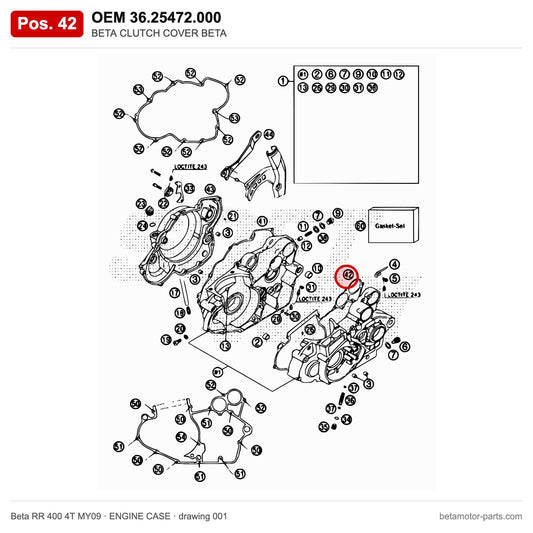 BETA CLUTCH COVER BETA – OEM 36.25472.000, position 42 on the Beta RR 400 4T MY09 engine case drawing