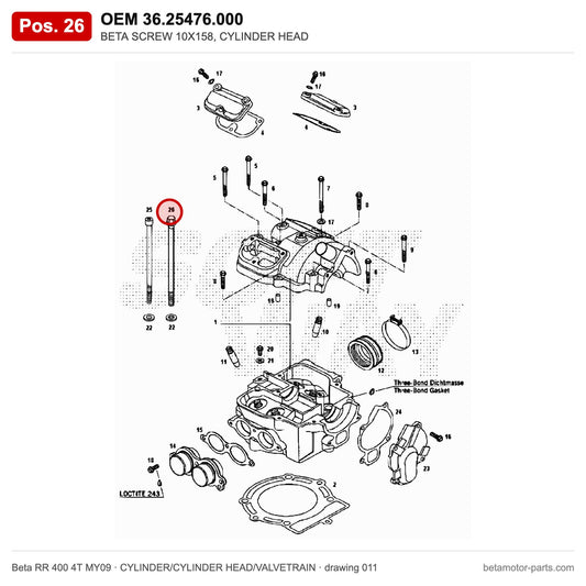 BETA SCREW 10X158, CYLINDER HEAD – OEM 36.25476.000, position 26 on the Beta RR 400 4T MY09 cylinder/cylinder head/valvetrain drawing