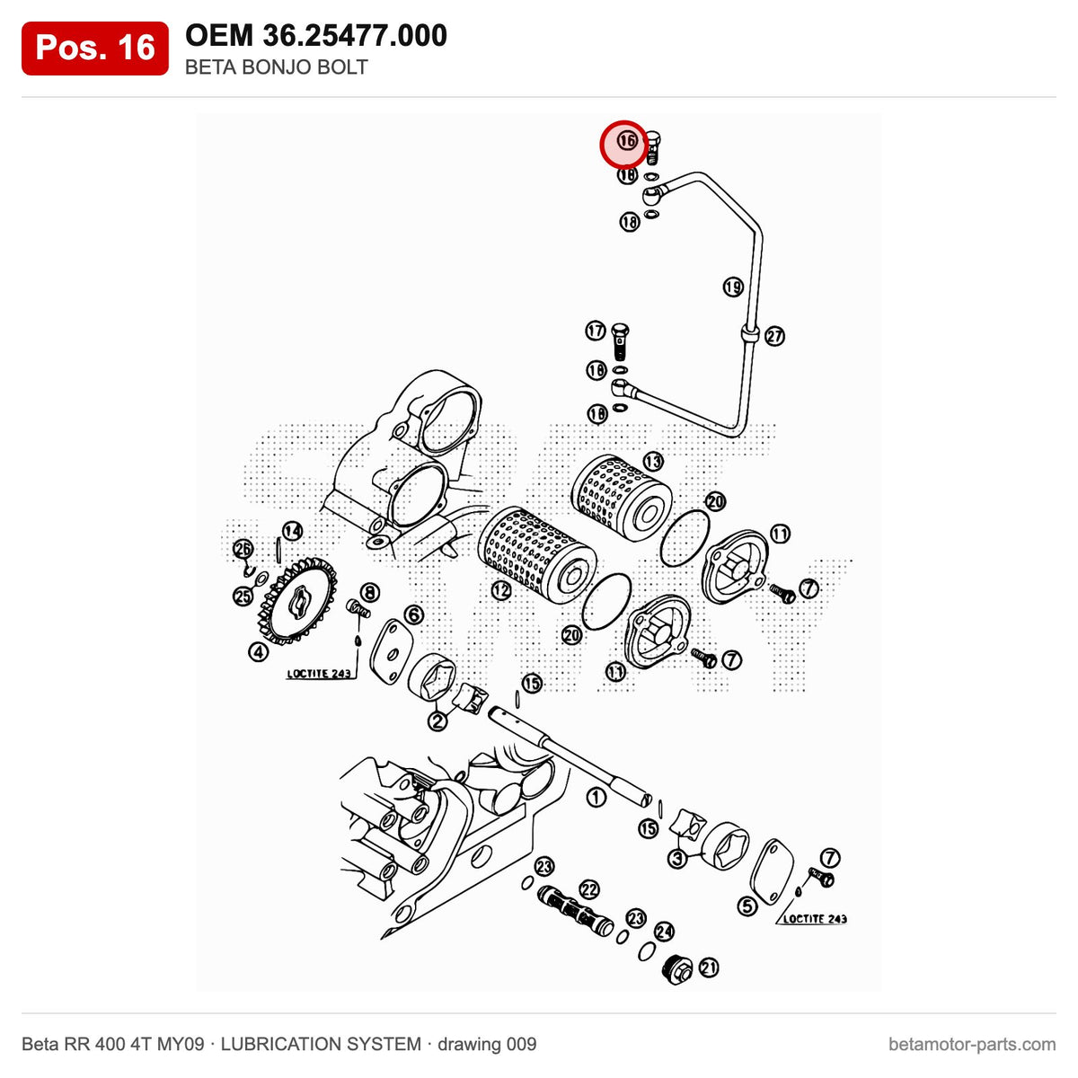 BETA BONJO BOLT – OEM 36.25477.000, position 16 on the Beta RR 400 4T MY09 lubrication system drawing
