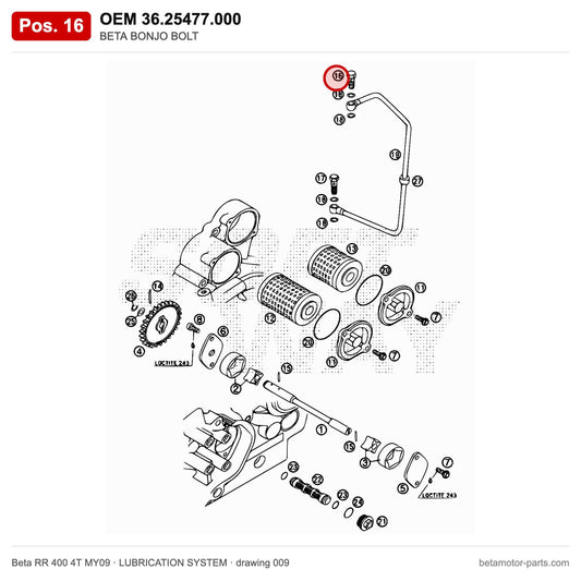 BETA BONJO BOLT – OEM 36.25477.000, position 16 on the Beta RR 400 4T MY09 lubrication system drawing
