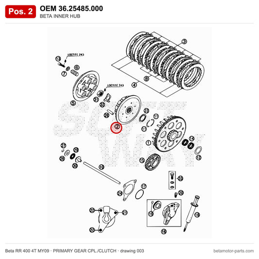 BETA INNER HUB – OEM 36.25485.000, position 2 on the Beta RR 400 4T MY09 primary gear cpl./clutch drawing