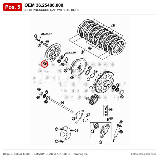 BETA PRESSURE CAP WITH OIL BORE – OEM 36.25486.000, position 5 on the Beta RR 400 4T MY09 primary gear cpl./clutch drawing