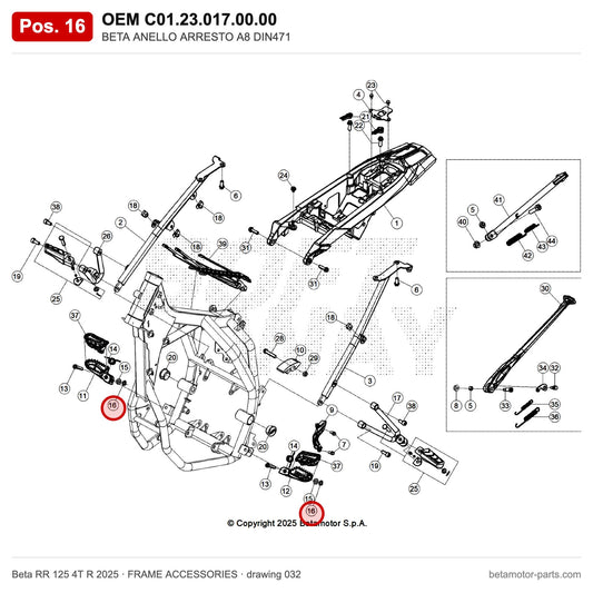 BETA STOP RING A8 DIN471 – OEM C01.23.017.00.00, position 16 on the Beta RR 125 4T R 2025 frame accessories drawing