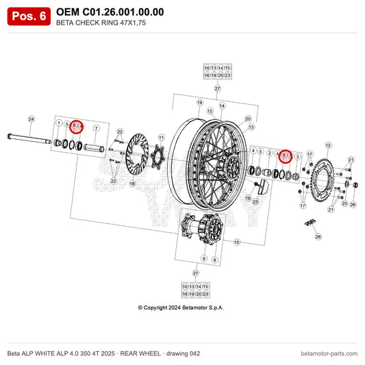 BETA CHECK RING 47X1,75 – OEM C01.26.001.00.00, position 6 on the Beta ALP WHITE ALP 4.0 350 4T 2025 rear wheel drawing