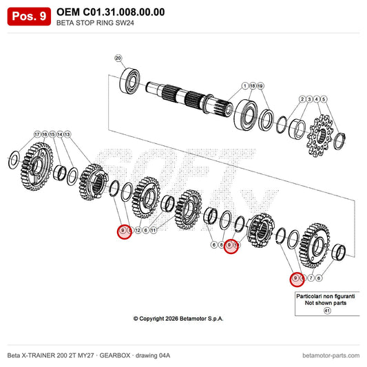 BETA STOP RING SW24 – OEM C01.31.008.00.00, position 9 on the Beta X-TRAINER 200 2T MY27 gearbox drawing