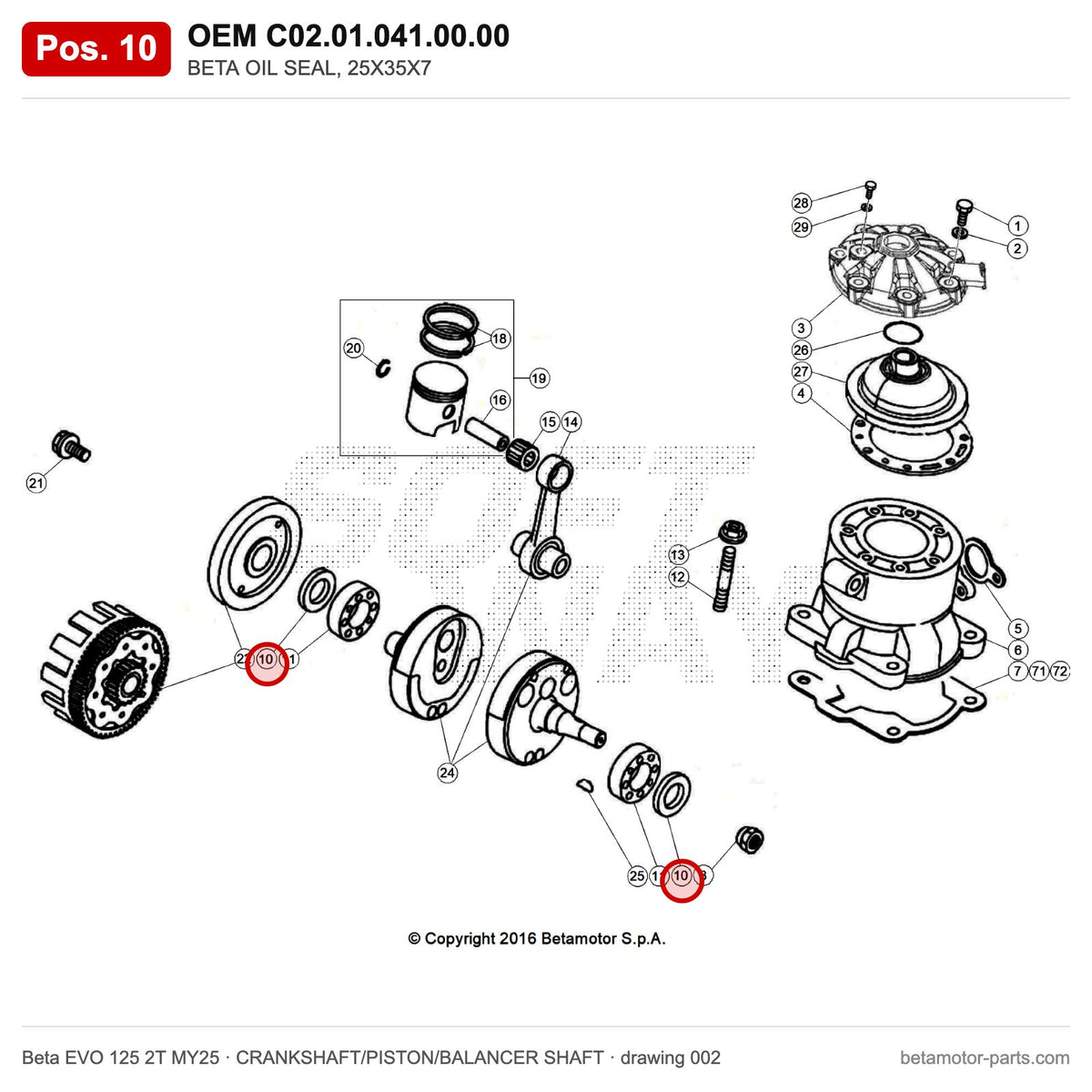 BETA OIL SEAL, 25X35X7 – OEM C02.01.041.00.00, position 10 on the Beta EVO 125 2T MY25 crankshaft/piston/balancer shaft drawing