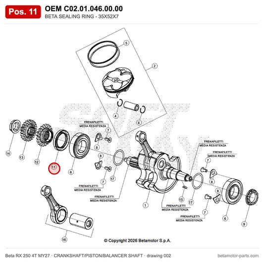 BETA SEALING RING - 35X52X7 – OEM C02.01.046.00.00, position 11 on the Beta RX 250 4T MY27 crankshaft/piston/balancer shaft drawing