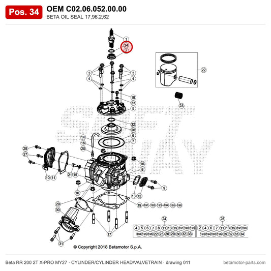 BETA OIL SEAL 17,96.2,62 – OEM C02.06.052.00.00, position 34 on the Beta RR 200 2T X-PRO MY27 cylinder/cylinder head/valvetrain drawing