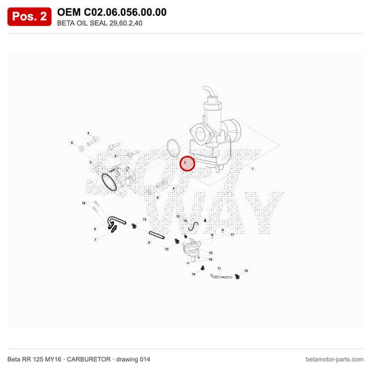 BETA OIL SEAL 29,60.2,40 – OEM C02.06.056.00.00, position 2 on the Beta RR 125 MY16 carburetor drawing
