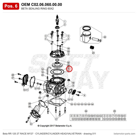 BETA SEALING RING 60X2 – OEM C02.06.060.00.00, position 6 on the Beta RR 125 2T RACE MY27 cylinder/cylinder head/valvetrain drawing