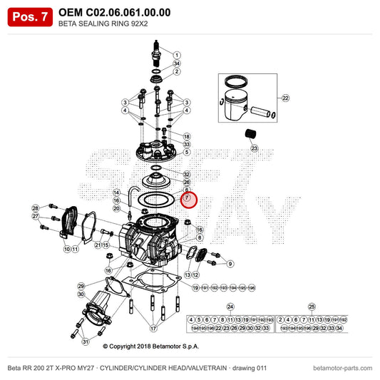 BETA SEALING RING 92X2 – OEM C02.06.061.00.00, position 7 on the Beta RR 200 2T X-PRO MY27 cylinder/cylinder head/valvetrain drawing