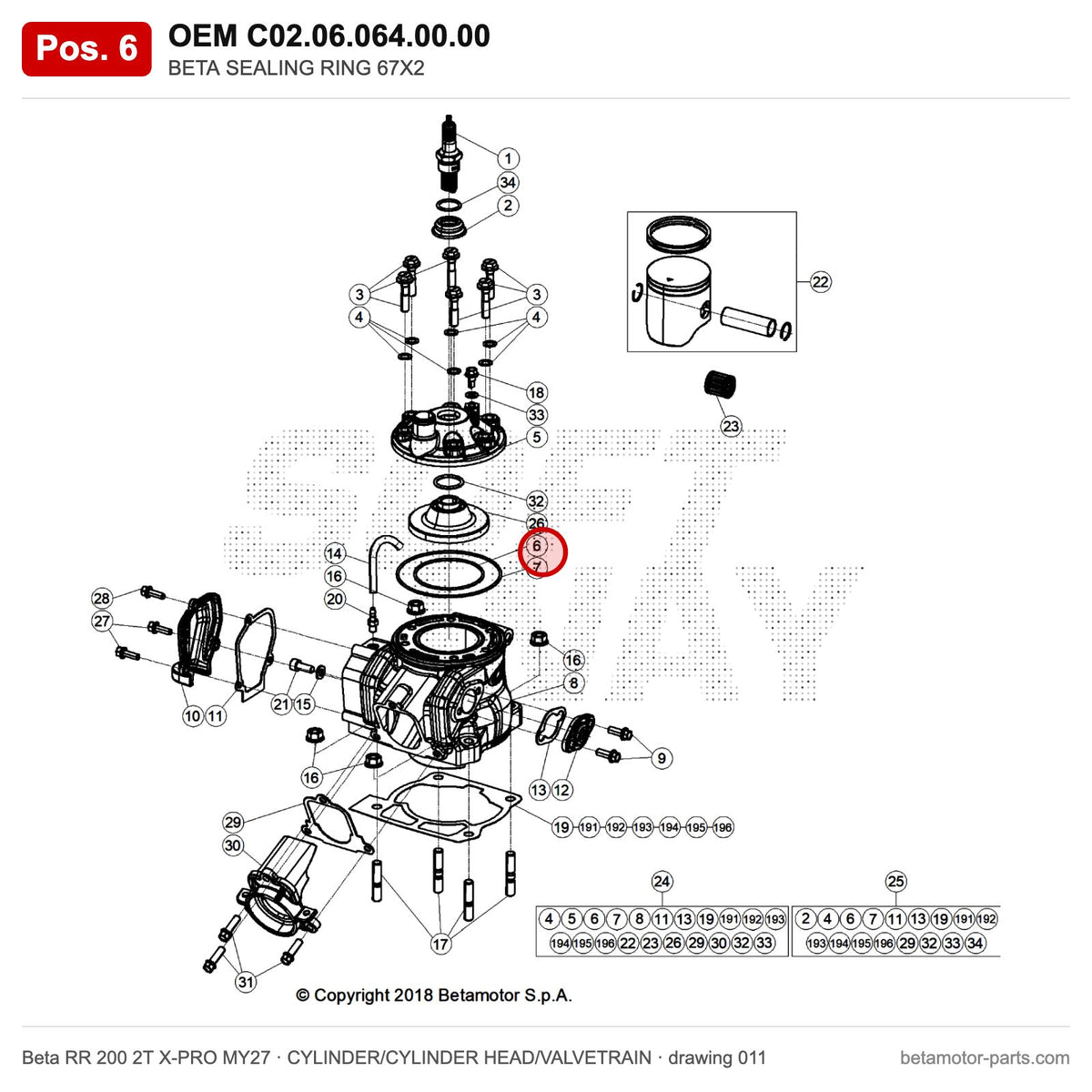 BETA SEALING RING 67X2 – OEM C02.06.064.00.00, position 6 on the Beta RR 200 2T X-PRO MY27 cylinder/cylinder head/valvetrain drawing