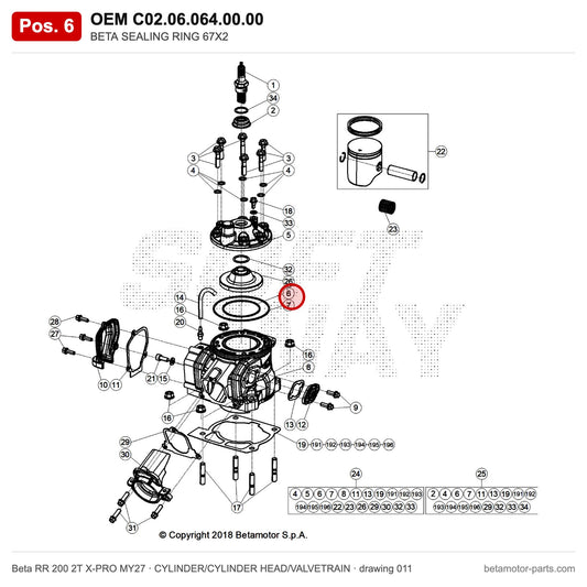 BETA SEALING RING 67X2 – OEM C02.06.064.00.00, position 6 on the Beta RR 200 2T X-PRO MY27 cylinder/cylinder head/valvetrain drawing