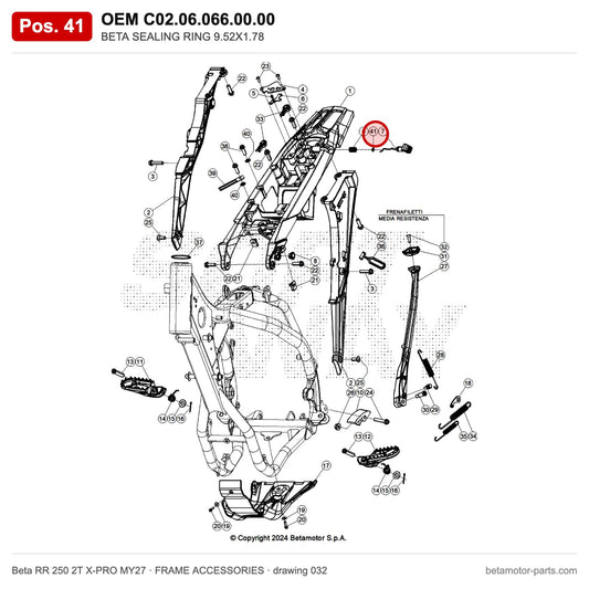 BETA SEALING RING 9.52X1.78 – OEM C02.06.066.00.00, position 41 on the Beta RR 250 2T X-PRO MY27 frame accessories drawing