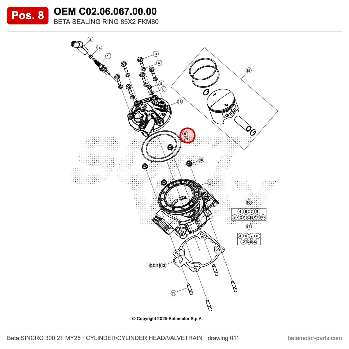 BETA SEALING RING 85X2 FKM80 – OEM C02.06.067.00.00, position 8 on the Beta SINCRO 300 2T MY26 cylinder/cylinder head/valvetrain drawing