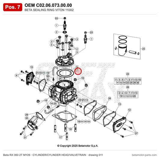 BETA SEALING RING VITON 110X2 – OEM C02.06.073.00.00, position 7 on the Beta RX 350 2T MY26 cylinder/cylinder head/valvetrain drawing