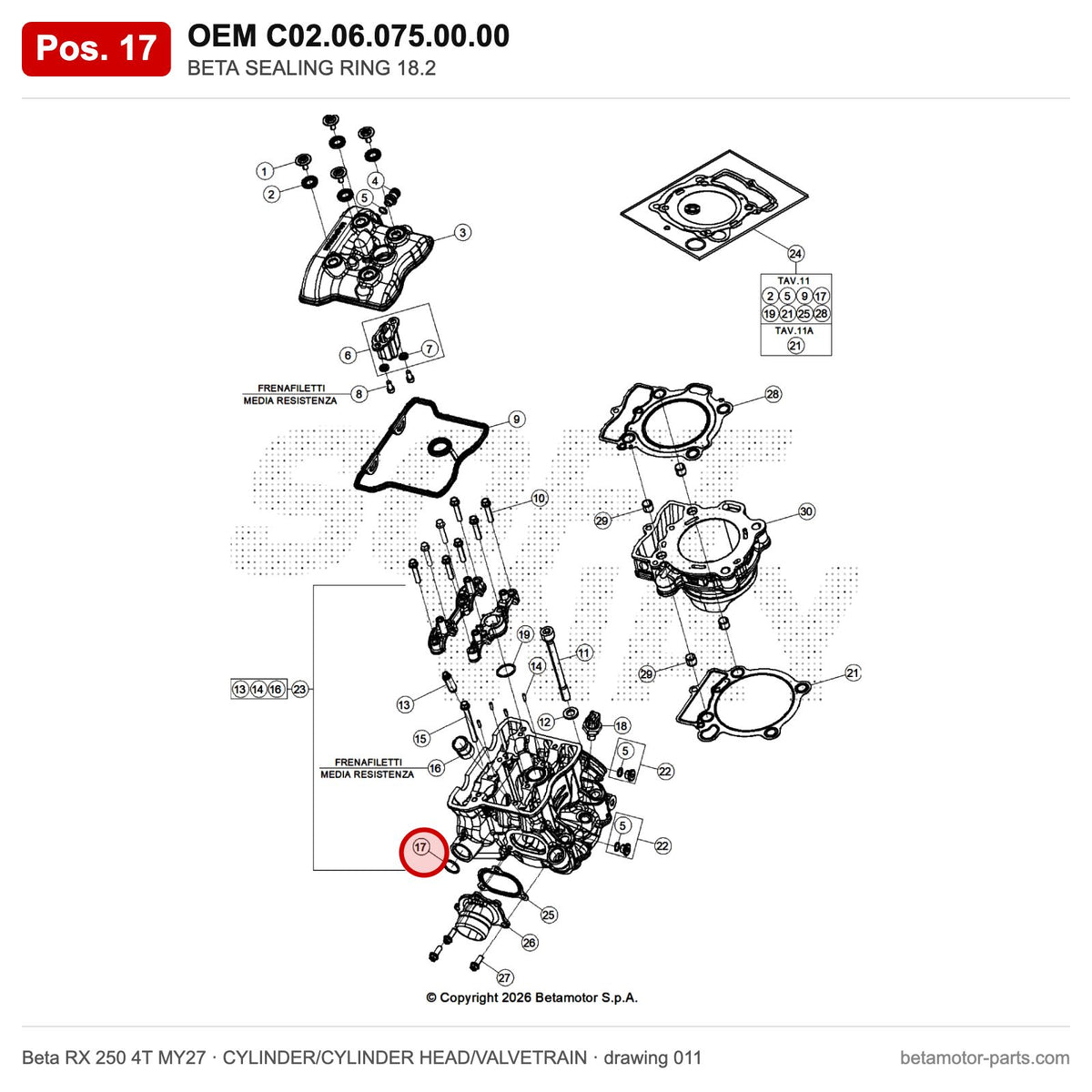BETA SEALING RING 18.2 – OEM C02.06.075.00.00, position 17 on the Beta RX 250 4T MY27 cylinder/cylinder head/valvetrain drawing