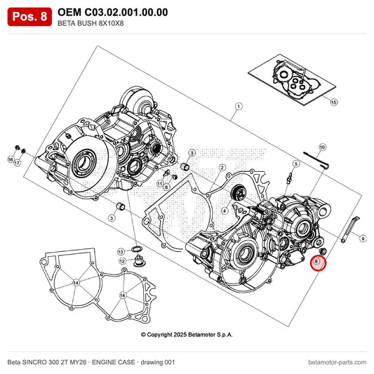 BETA BUSH 8X10X8 – OEM C03.02.001.00.00, position 8 on the Beta SINCRO 300 2T MY26 engine case drawing