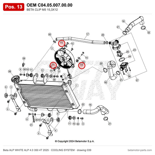 BETA CLIP M5 15,3X12 – OEM C04.05.007.00.00, position 13 on the Beta ALP WHITE ALP 4.0 350 4T 2025 cooling system drawing