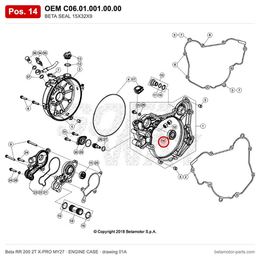 BETA SEAL 15X32X9 – OEM C06.01.001.00.00, position 14 on the Beta RR 200 2T X-PRO MY27 engine case drawing