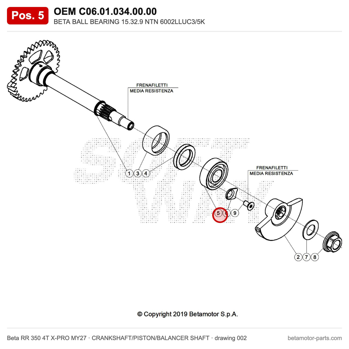 BETA BALL BEARING 15.32.9 NTN 6002LLUC3/5K – OEM C06.01.034.00.00, position 5 on the Beta RR 350 4T X-PRO MY27 crankshaft/piston/balancer shaft drawing