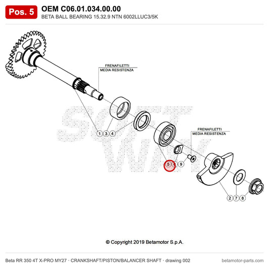 BETA BALL BEARING 15.32.9 NTN 6002LLUC3/5K – OEM C06.01.034.00.00, position 5 on the Beta RR 350 4T X-PRO MY27 crankshaft/piston/balancer shaft drawing