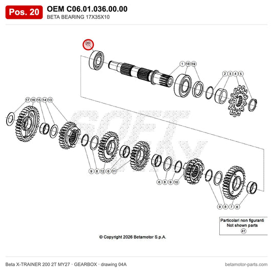 BETA CUSCINETTO17X35X10 – OEM C06.01.036.00.00, position 20 on the Beta X-TRAINER 200 2T MY27 gearbox drawing