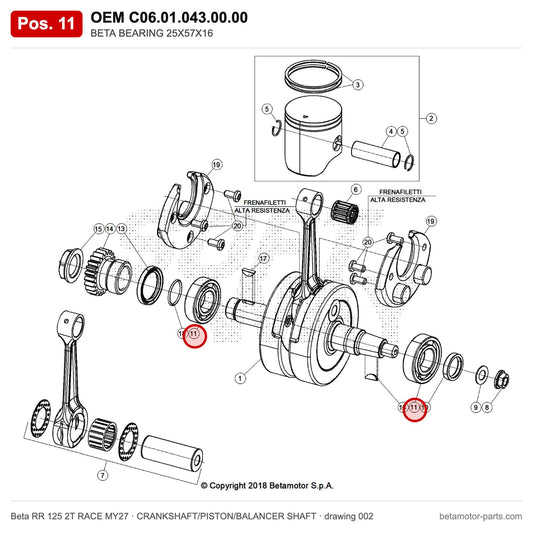 BETA CUSCINETTO25X57X16 – OEM C06.01.043.00.00, position 11 on the Beta RR 125 2T RACE MY27 crankshaft/piston/balancer shaft drawing
