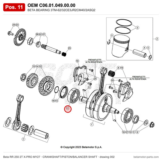 BETA BEARING 3TM-62/32CE3JR2CM40/2ASQ2 – OEM C06.01.049.00.00, position 11 on the Beta RR 250 2T X-PRO MY27 crankshaft/piston/balancer shaft drawing