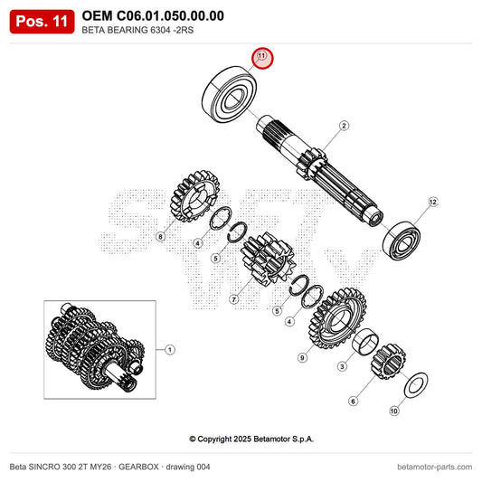 BETA BEARING 6304 -2RS – OEM C06.01.050.00.00, position 11 on the Beta SINCRO 300 2T MY26 gearbox drawing