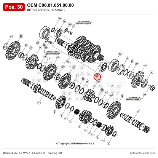 BETA BEARING - 17X40X12 – OEM C06.01.051.00.00, position 30 on the Beta RX 250 4T MY27 gearbox drawing
