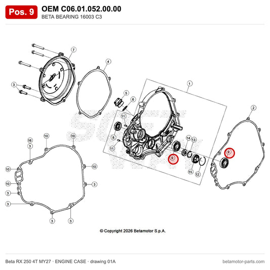 BETA BEARING 16003 C3 – OEM C06.01.052.00.00, position 9 on the Beta RX 250 4T MY27 engine case drawing