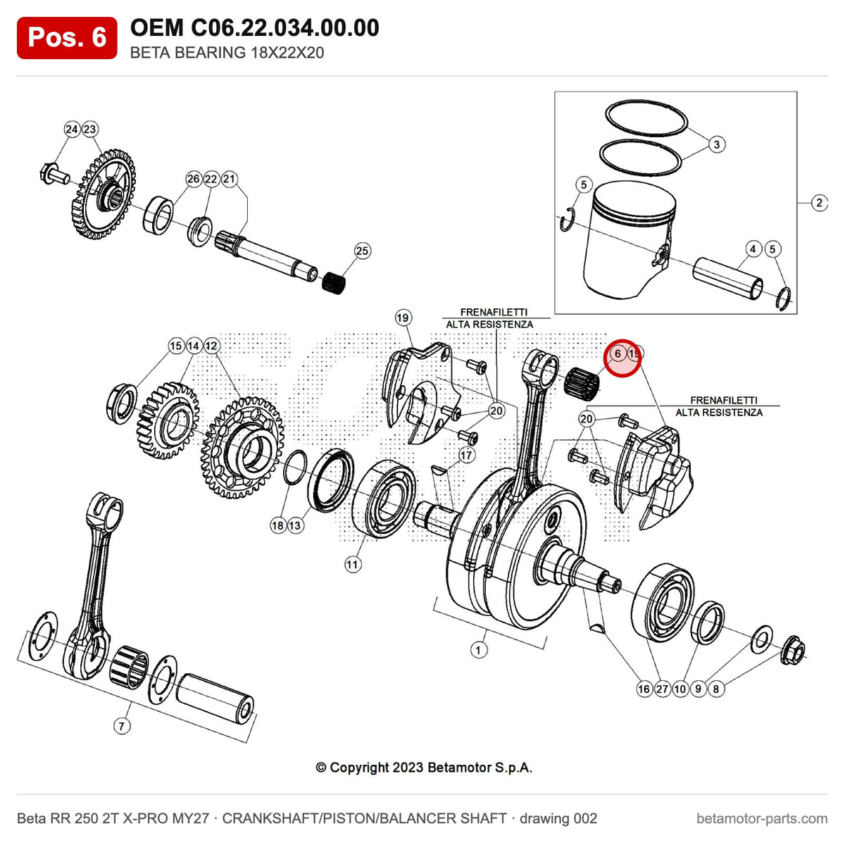 BETA BEARING 18X22X20 – OEM C06.22.034.00.00, position 6 on the Beta RR 250 2T X-PRO MY27 crankshaft/piston/balancer shaft drawing