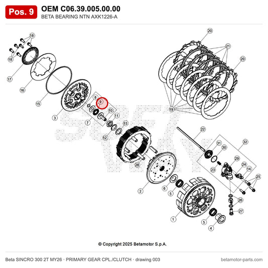 BETA BEARING NTN AXK1226-A – OEM C06.39.005.00.00, position 9 on the Beta SINCRO 300 2T MY26 primary gear cpl./clutch drawing