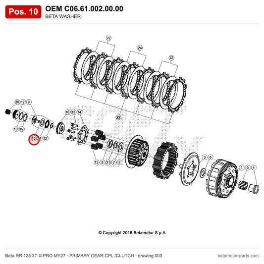 BETA WASHER – OEM C06.61.002.00.00, position 10 on the Beta RR 125 2T X-PRO MY27 primary gear cpl./clutch drawing