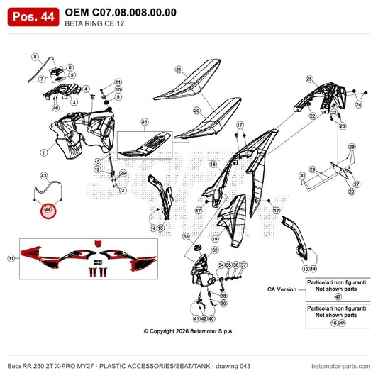BETA RING CE 12 – OEM C07.08.008.00.00, position 44 on the Beta RR 250 2T X-PRO MY27 plastic accessories/seat/tank drawing