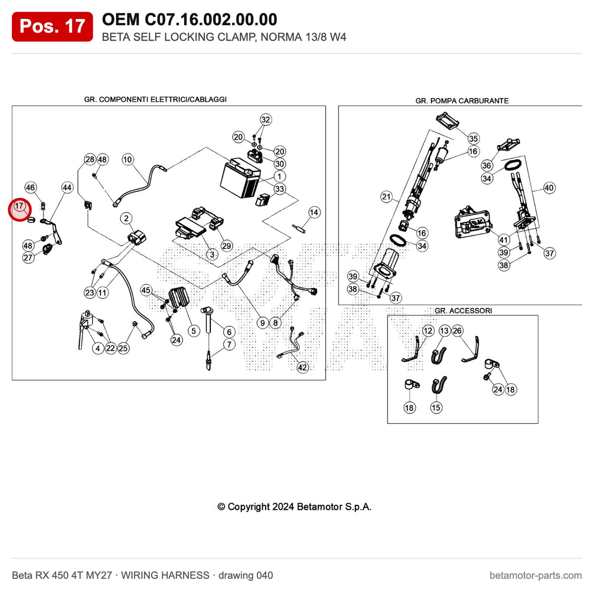 BETA SELF LOCKING CLAMP, NORMA 13/8 W4 – OEM C07.16.002.00.00, position 17 on the Beta RX 450 4T MY27 wiring harness drawing