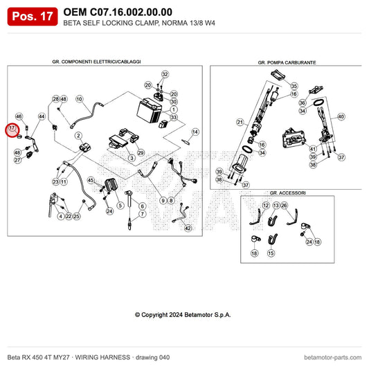BETA SELF LOCKING CLAMP, NORMA 13/8 W4 – OEM C07.16.002.00.00, position 17 on the Beta RX 450 4T MY27 wiring harness drawing
