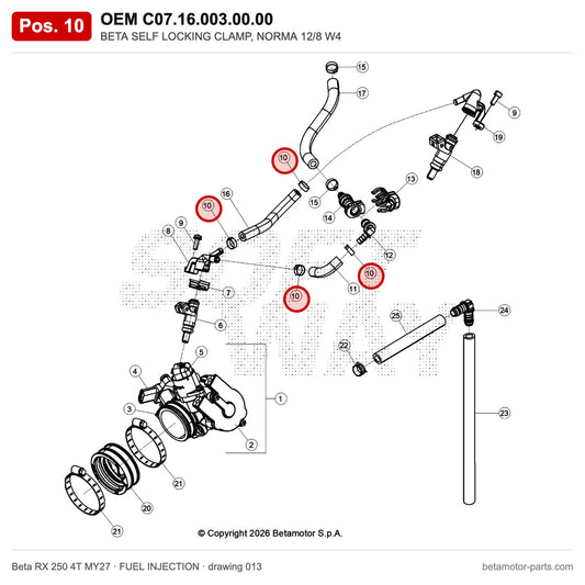 BETA SELF LOCKING CLAMP, NORMA 12/8 W4 – OEM C07.16.003.00.00, position 10 on the Beta RX 250 4T MY27 fuel injection drawing