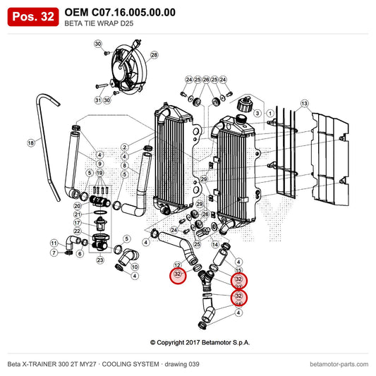 BETA TIE WRAP D25 – OEM C07.16.005.00.00, position 32 on the Beta X-TRAINER 300 2T MY27 cooling system drawing