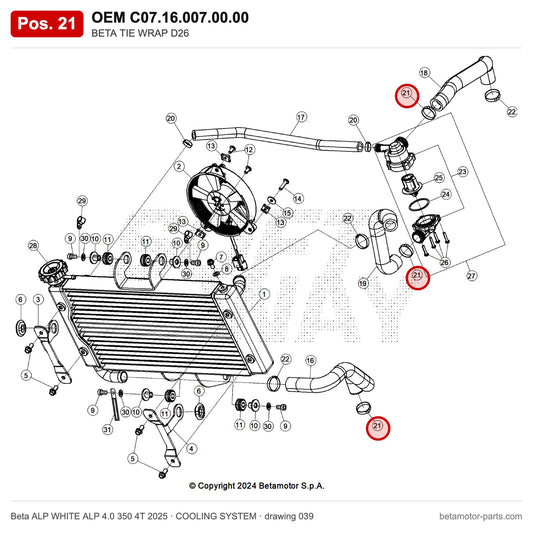 BETA TIE WRAP D26 – OEM C07.16.007.00.00, position 21 on the Beta ALP WHITE ALP 4.0 350 4T 2025 cooling system drawing
