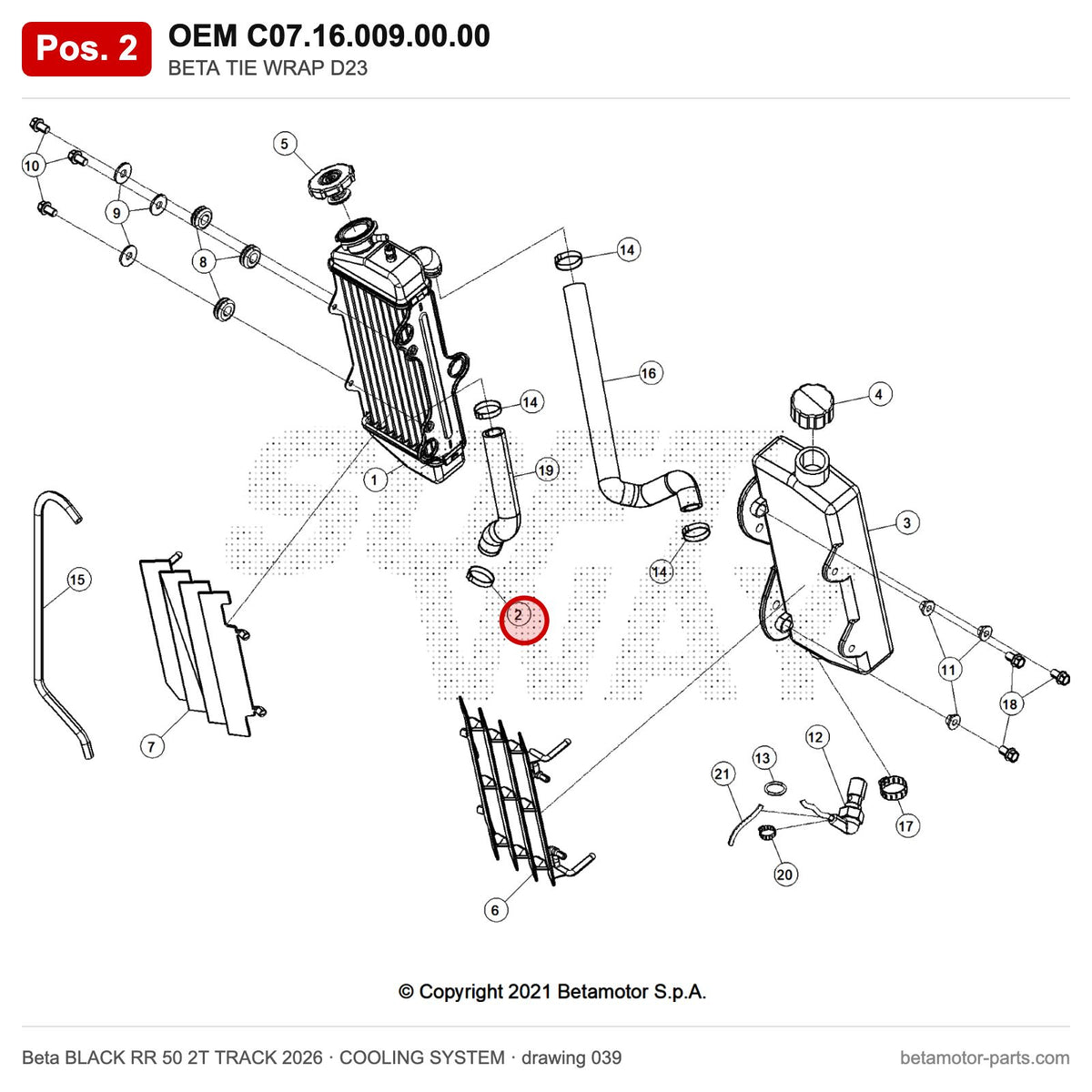 BETA TIE WRAP D23 – OEM C07.16.009.00.00, position 2 on the Beta BLACK RR 50 2T TRACK 2026 cooling system drawing