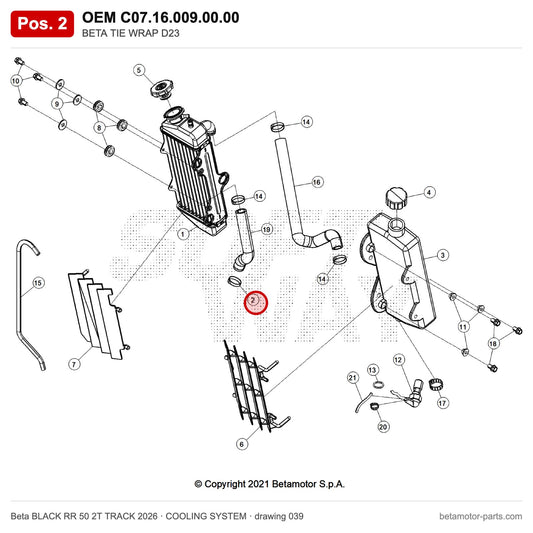 BETA TIE WRAP D23 – OEM C07.16.009.00.00, position 2 on the Beta BLACK RR 50 2T TRACK 2026 cooling system drawing