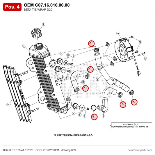 BETA TIE WRAP D20 – OEM C07.16.010.00.00, position 4 on the Beta X RR 125 4T T 2026 cooling system drawing