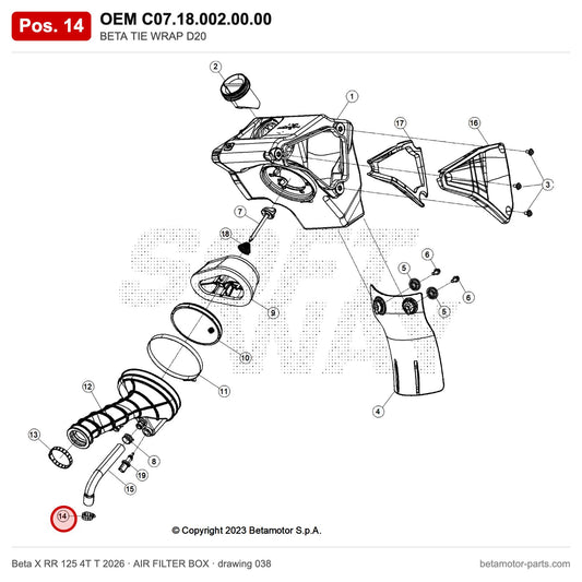 BETA TIE WRAP D20 – OEM C07.18.002.00.00, position 14 on the Beta X RR 125 4T T 2026 air filter box drawing