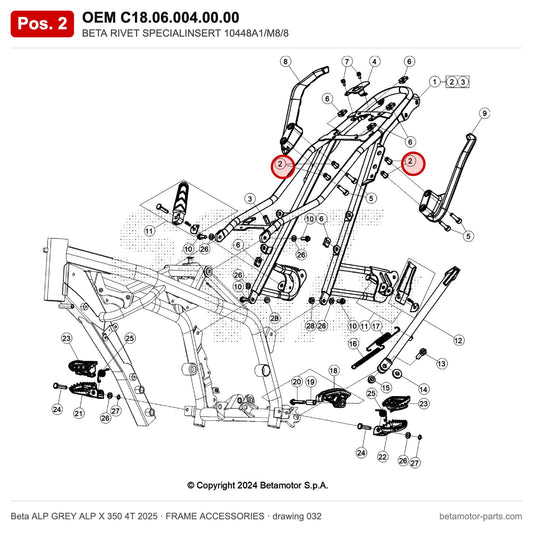 BETA RIVET SPECIALINSERT 10448A1/M8/8 – OEM C18.06.004.00.00, position 2 on the Beta ALP GREY ALP X 350 4T 2025 frame accessories drawing