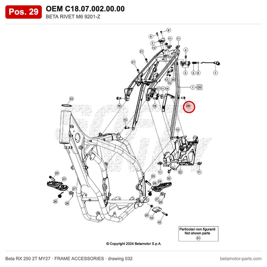 BETA RIVET M6 9201-Z – OEM C18.07.002.00.00, position 29 on the Beta RX 250 2T MY27 frame accessories drawing