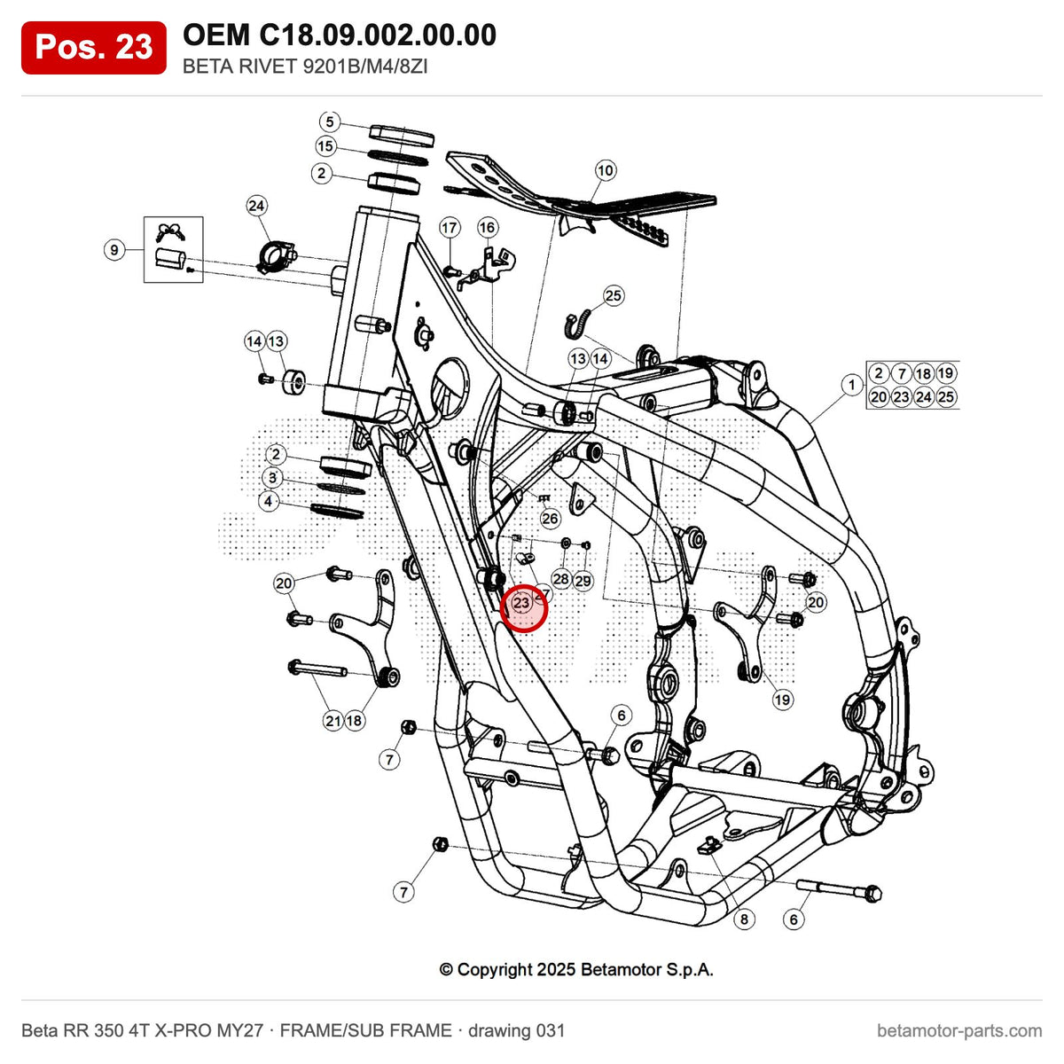 BETA RIVET 9201B/M4/8ZI – OEM C18.09.002.00.00, position 23 on the Beta RR 350 4T X-PRO MY27 frame/sub frame drawing